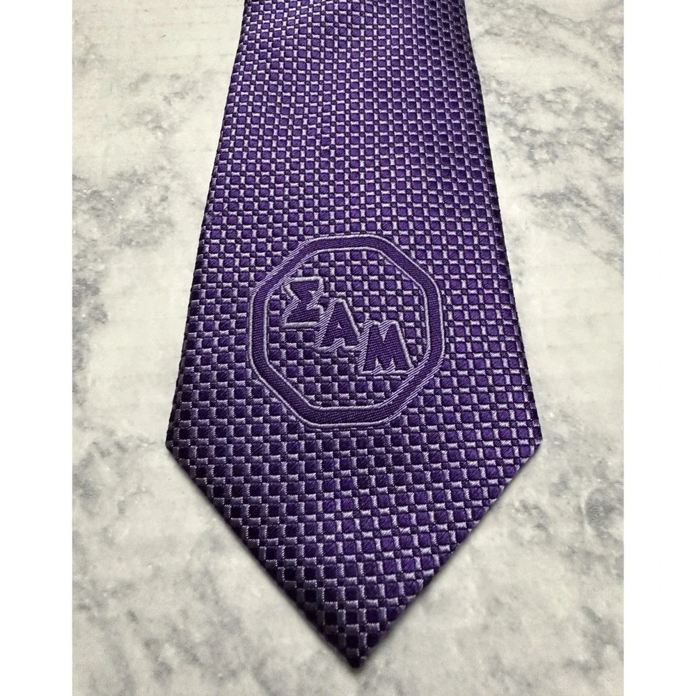 Sigma Alpha Mu Fraternity Purple Logo Geometric Square Pattern Silk Tie Greek